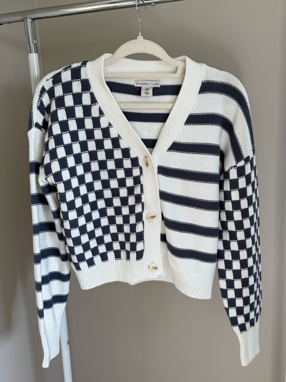 Sincerely Jules Navy and White Checkered Striped Cardigan - Picture 3 of 4